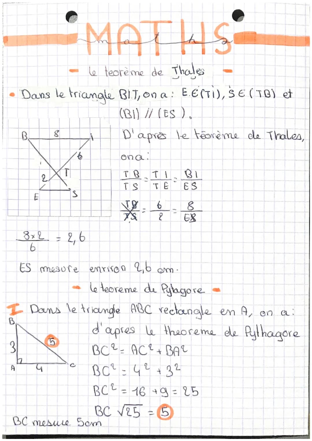 MATHS
le tecrème de Thales
• Dans le triangle BIT, on a: E.E(TI), SE (TB) et
(BI) // (ES).
D'après le teorème de Thales,
B.
E
2
8
3
12
A ५
T