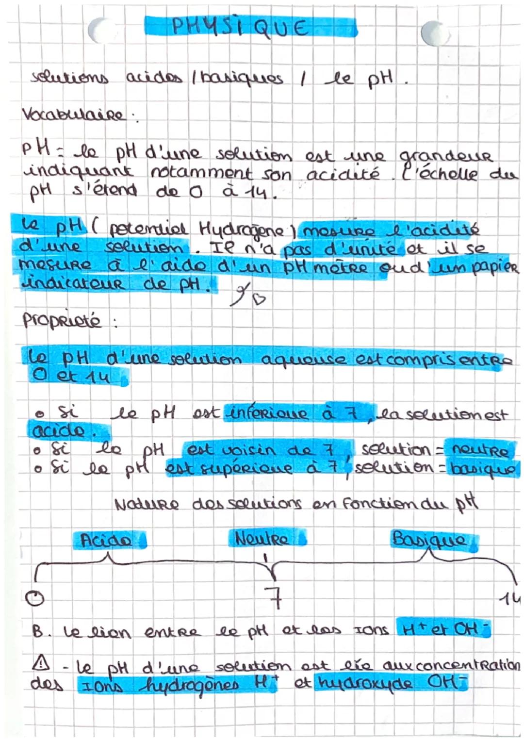 PHYSIQUE
solutions acides / basiques I le pH.
Vocabulaire.
PH: le pH d'une solution est une grandeur
indiquant notamment son acidité l'échel