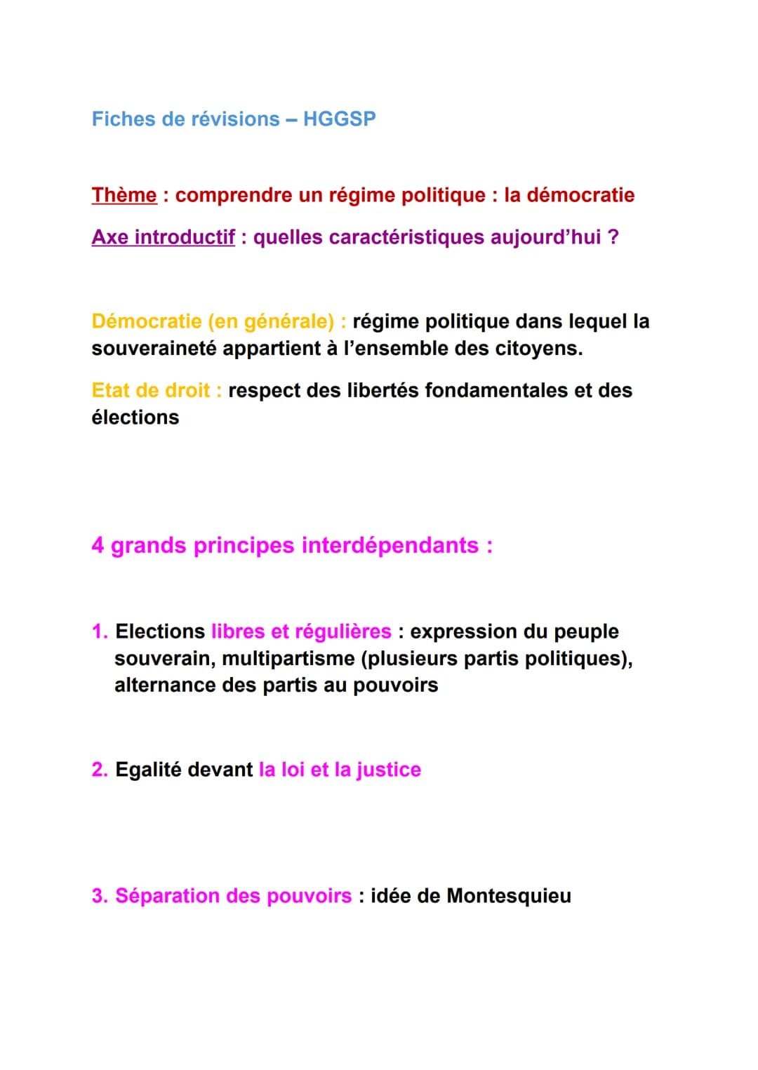 Fiches de révisions - HGGSP
Thème : comprendre un régime politique : la démocratie
Axe introductif : quelles caractéristiques aujourd'hui ?
