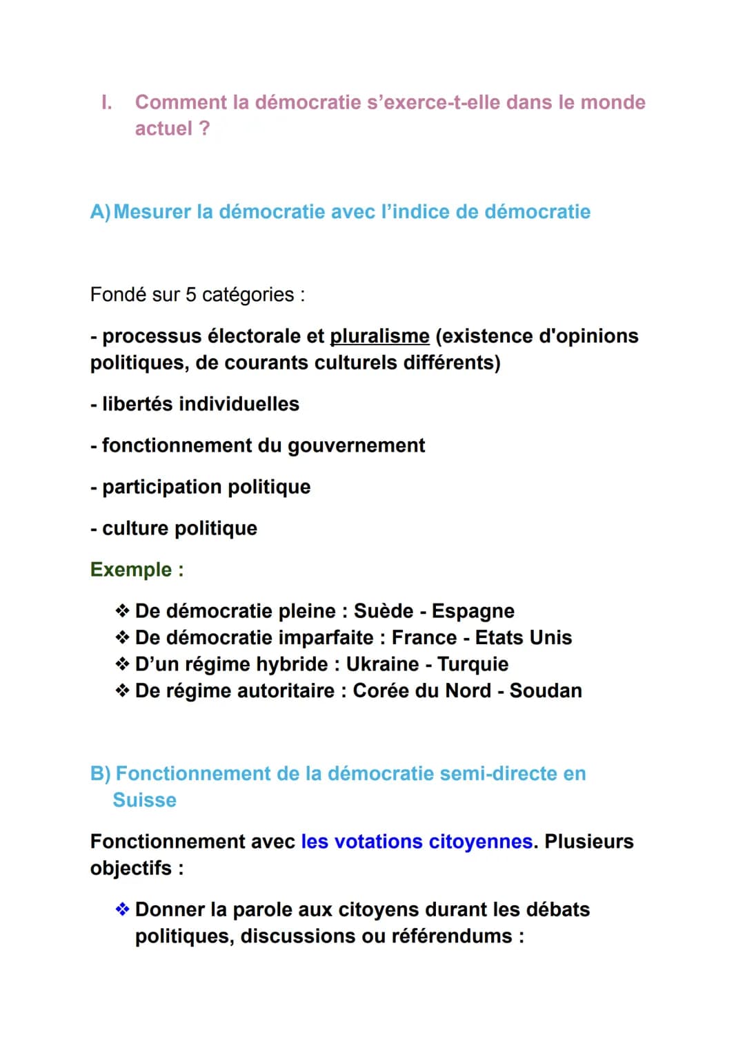 Fiches de révisions - HGGSP
Thème : comprendre un régime politique : la démocratie
Axe introductif : quelles caractéristiques aujourd'hui ?
