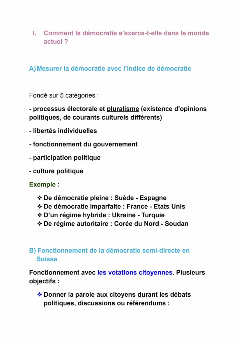 Fiches de révisions - HGGSP
Thème : comprendre un régime politique : la démocratie
Axe introductif : quelles caractéristiques aujourd'hui ?
