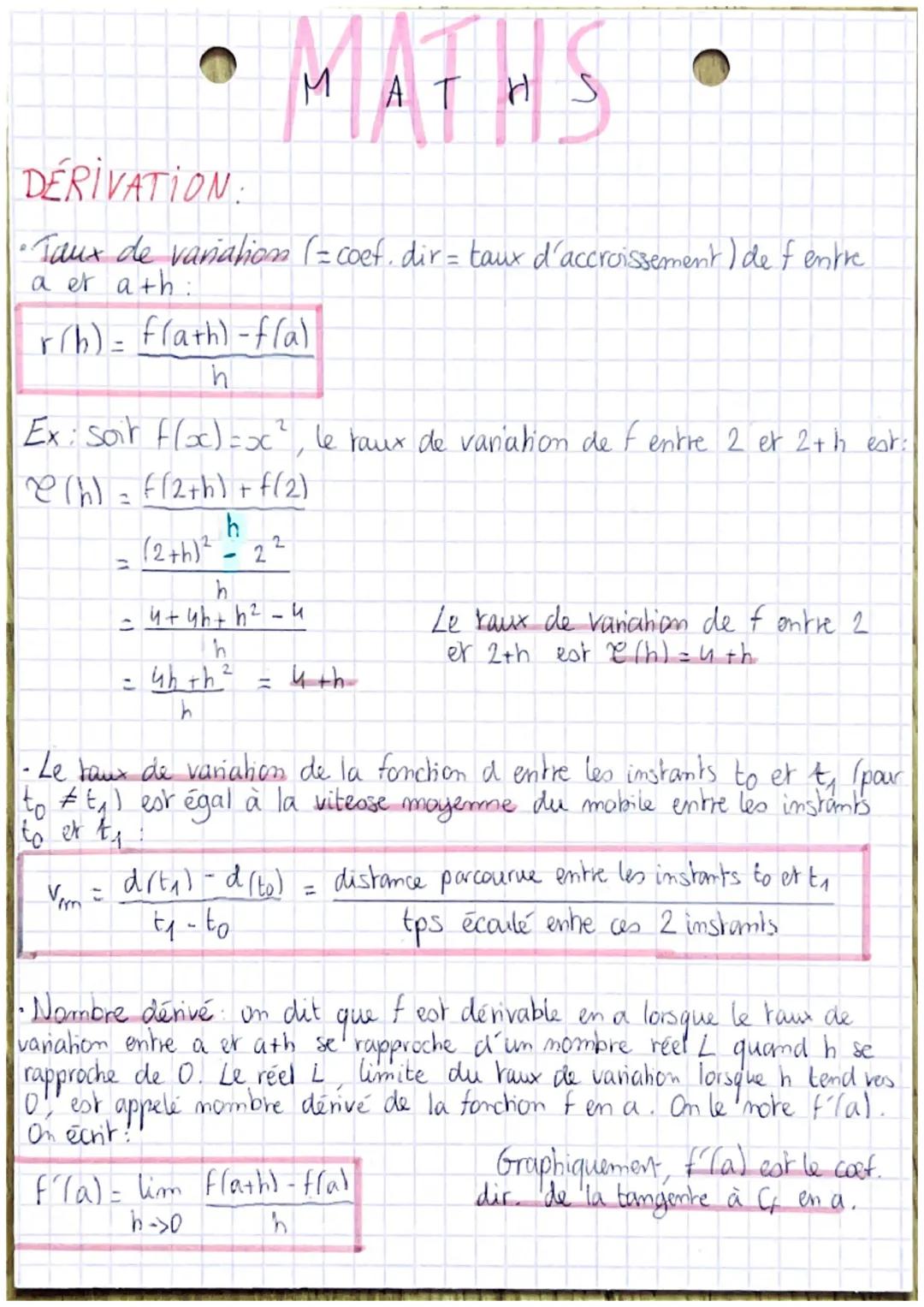 • •
# MATHS
DERIVATION:

•Taux de variation (= coef, dir = taux d'accroissement) de f entre
a er a+h:

r(h) = $\frac{f(a+h) -f(a)}{h}$

Ex: 