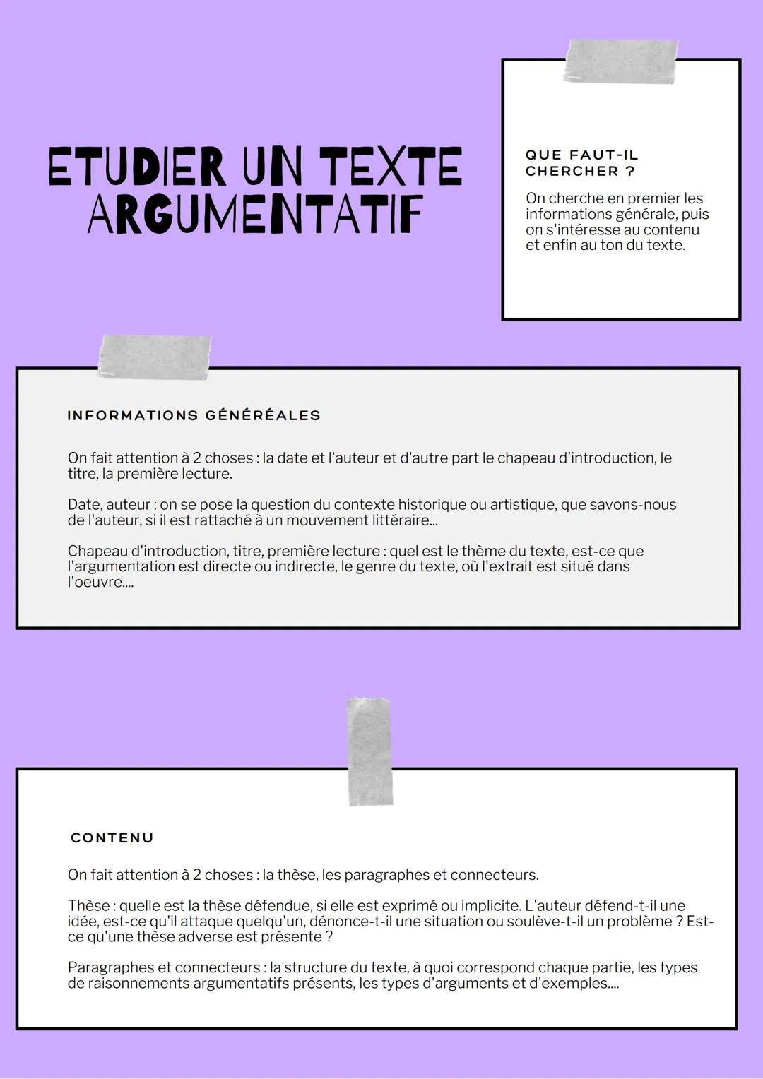 ETUDIER UN TEXTE
ARGUMENTATIF
INFORMATIONS GÉNÉRÉALES
QUE FAUT-IL
CHERCHER ?
On cherche en premier les
informations générale, puis
on s'inté