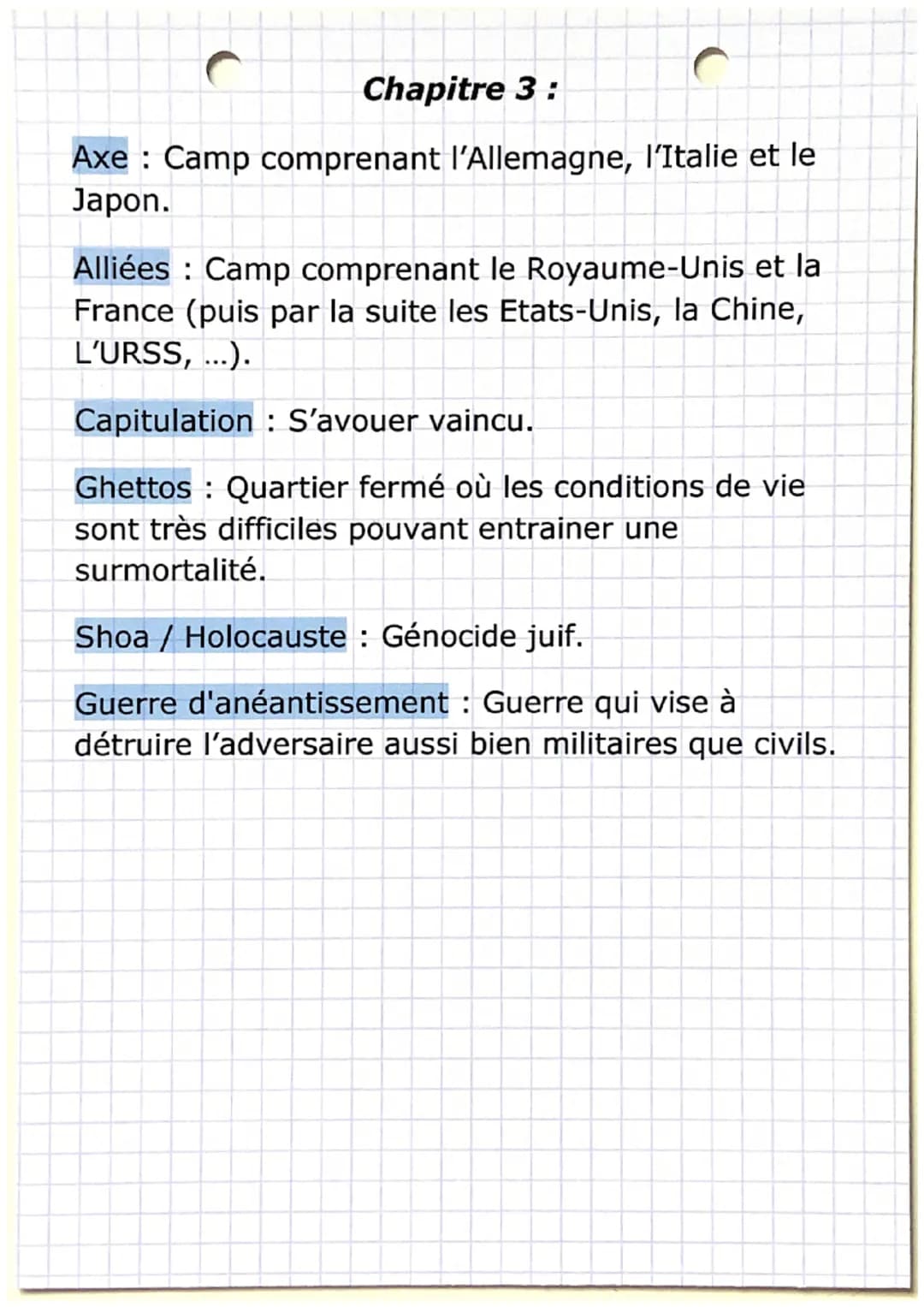 Chapitre 3 :
Axe: Camp comprenant l'Allemagne, l'Italie et le
Japon.
Alliées: Camp comprenant le Royaume-Unis et la
France (puis par la suit