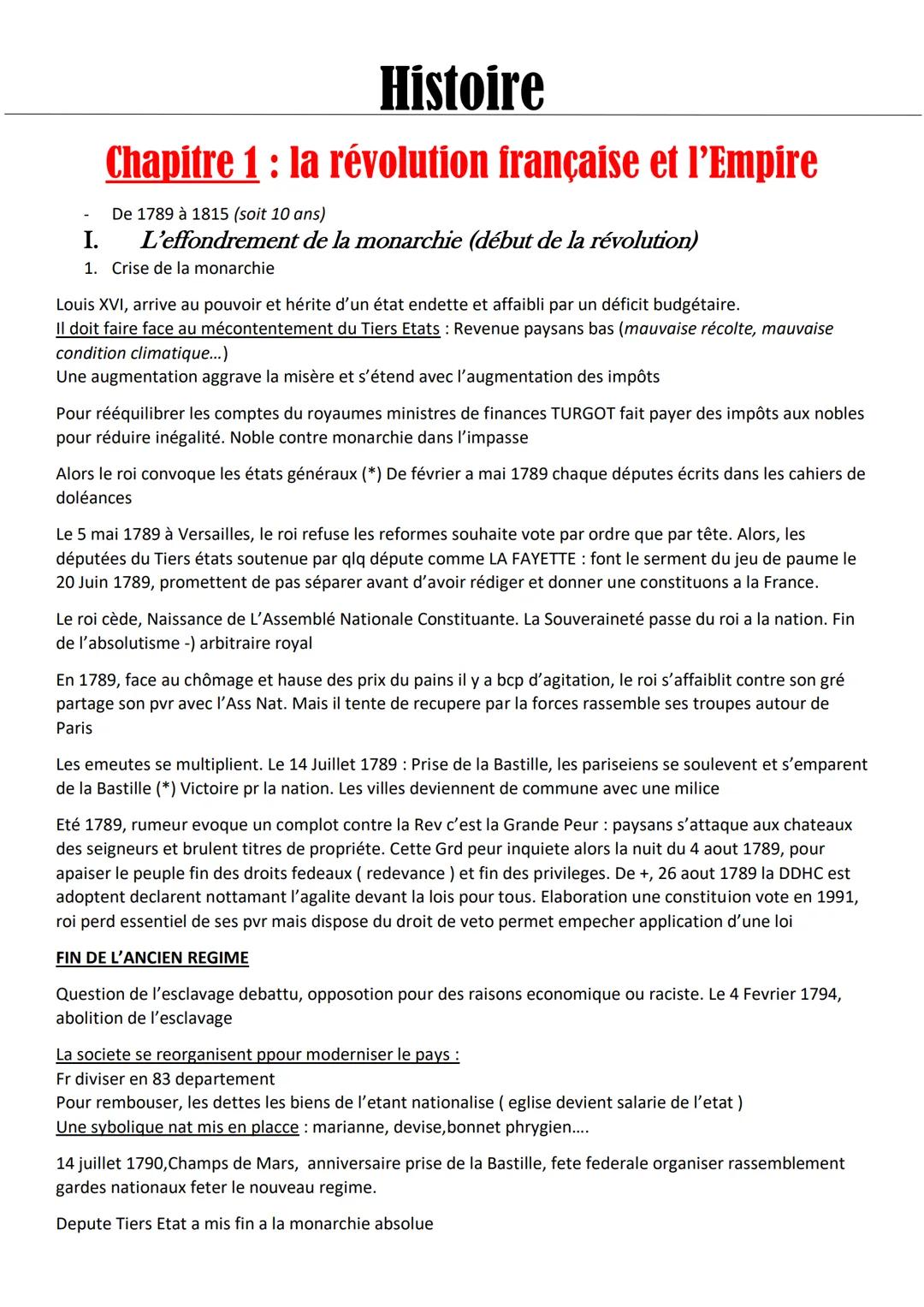 Histoire
Chapitre 1: la révolution française et l'Empire
De 1789 à 1815 (soit 10 ans)
L'effondrement de la monarchie (début de la révolution