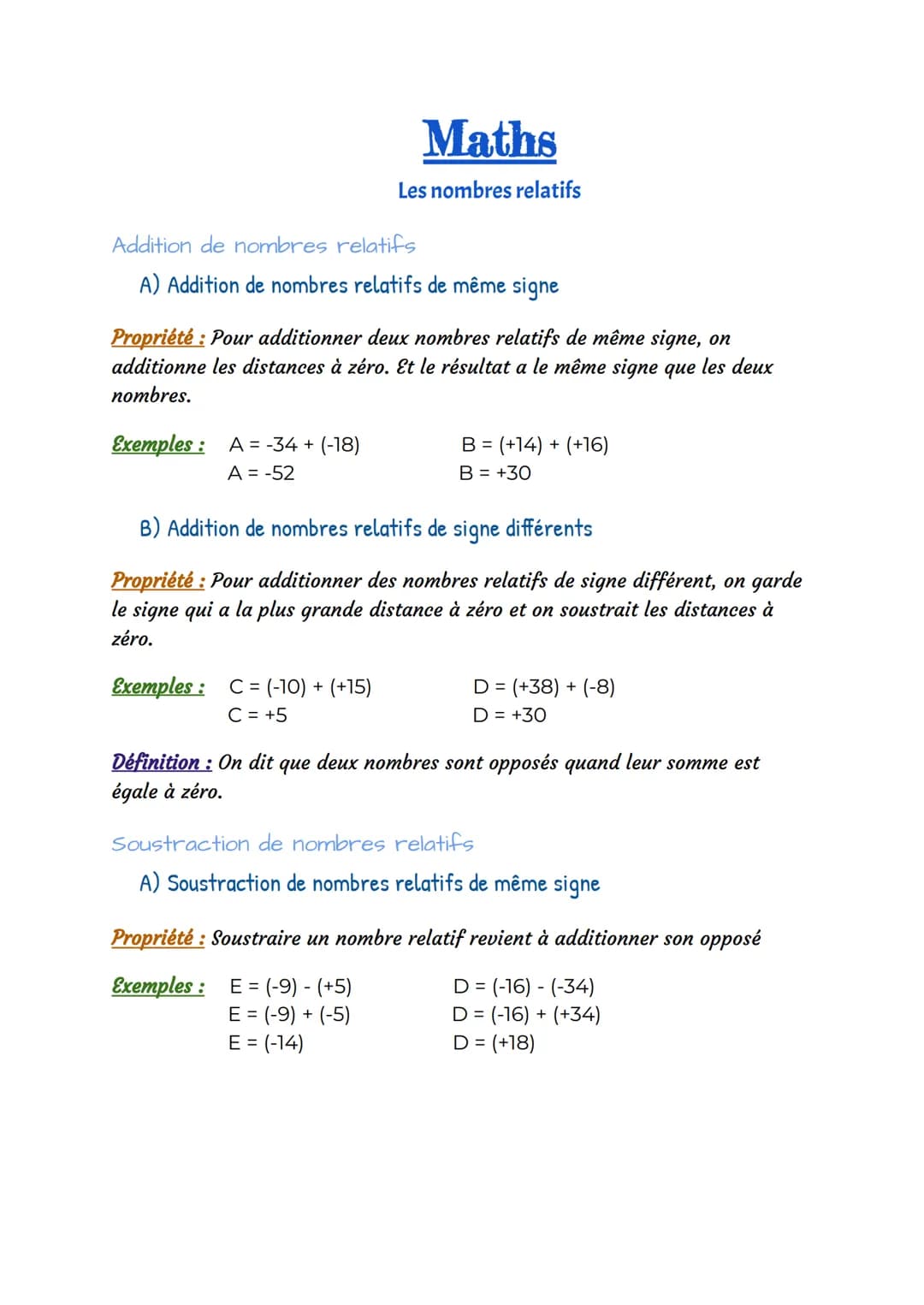 Addition de nombres relatifs
A) Addition de nombres relatifs de même signe
Maths
Les nombres relatifs
Propriété : Pour additionner deux nomb