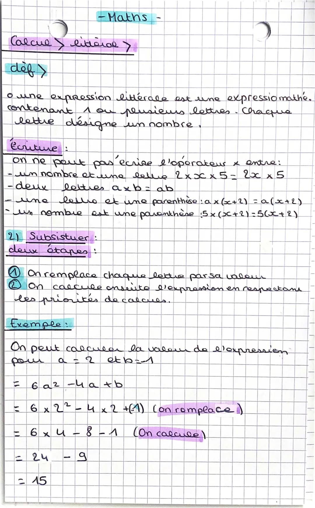 Calcue
def>
o une expression littérale est une expressio mathé.
contenant 1 ou plusieurs lettres. Chaque
lettre désigne
désigne un nombre
> 