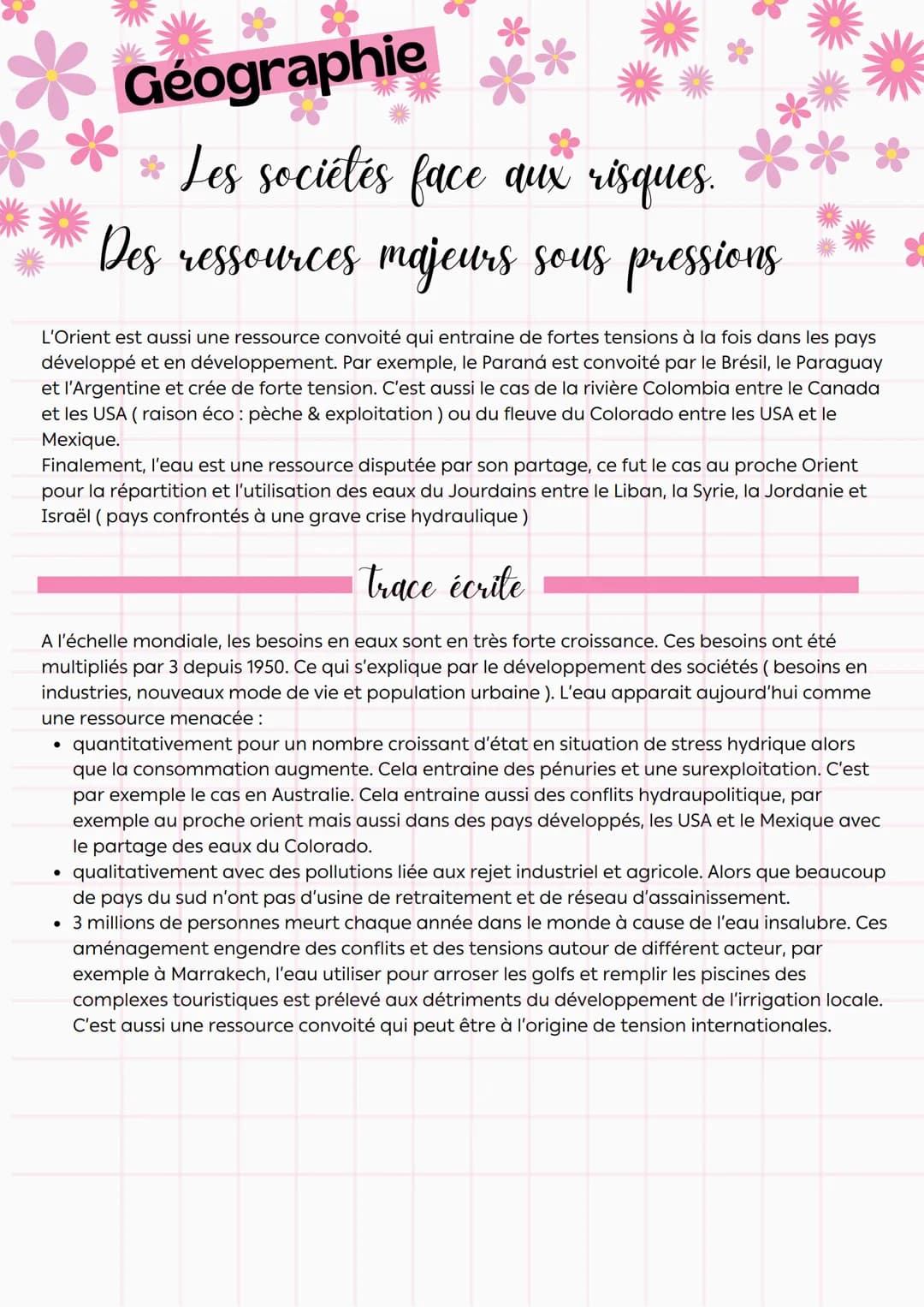 --- OCR Start ---
**
Géographie
Les sociétés face aux risques.
Des ressources majeurs sous pressions
Comment répondre aux besoins croissant 
