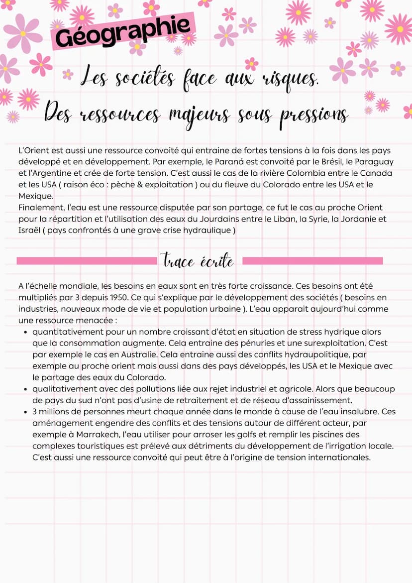 --- OCR Start ---
**
Géographie
Les sociétés face aux risques.
Des ressources majeurs sous pressions
Comment répondre aux besoins croissant 