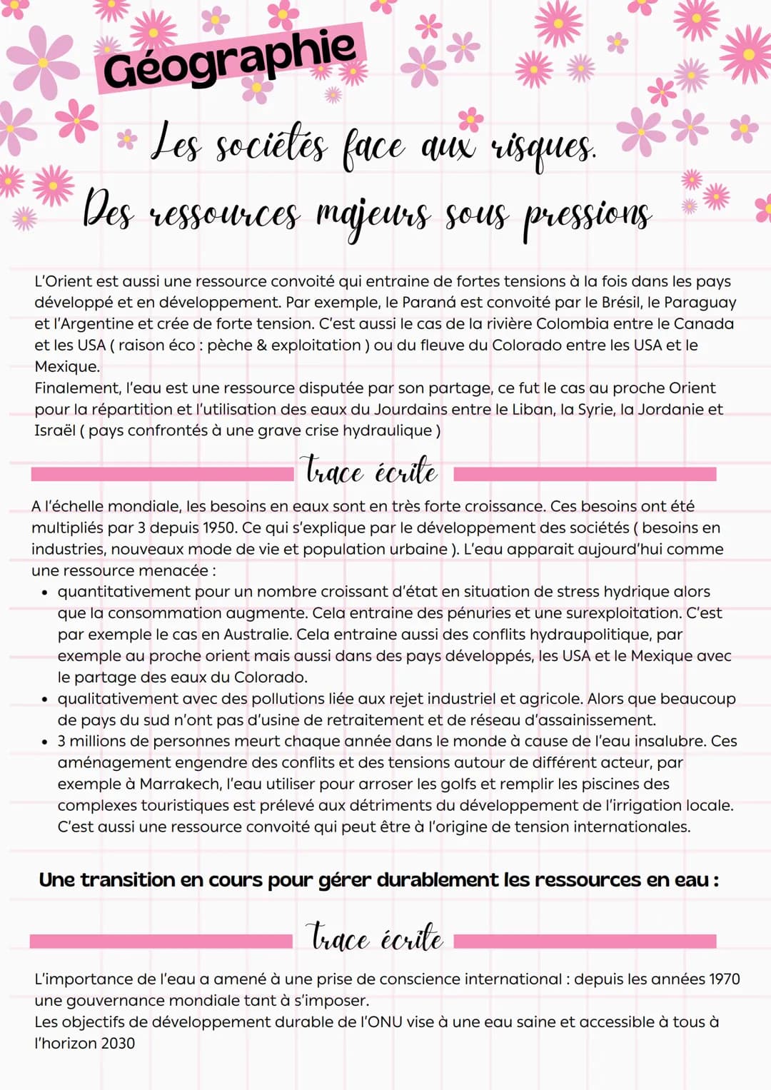 --- OCR Start ---
**
Géographie
Les sociétés face aux risques.
Des ressources majeurs sous pressions
Comment répondre aux besoins croissant 