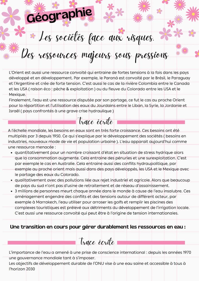 --- OCR Start ---
**
Géographie
Les sociétés face aux risques.
Des ressources majeurs sous pressions
Comment répondre aux besoins croissant 