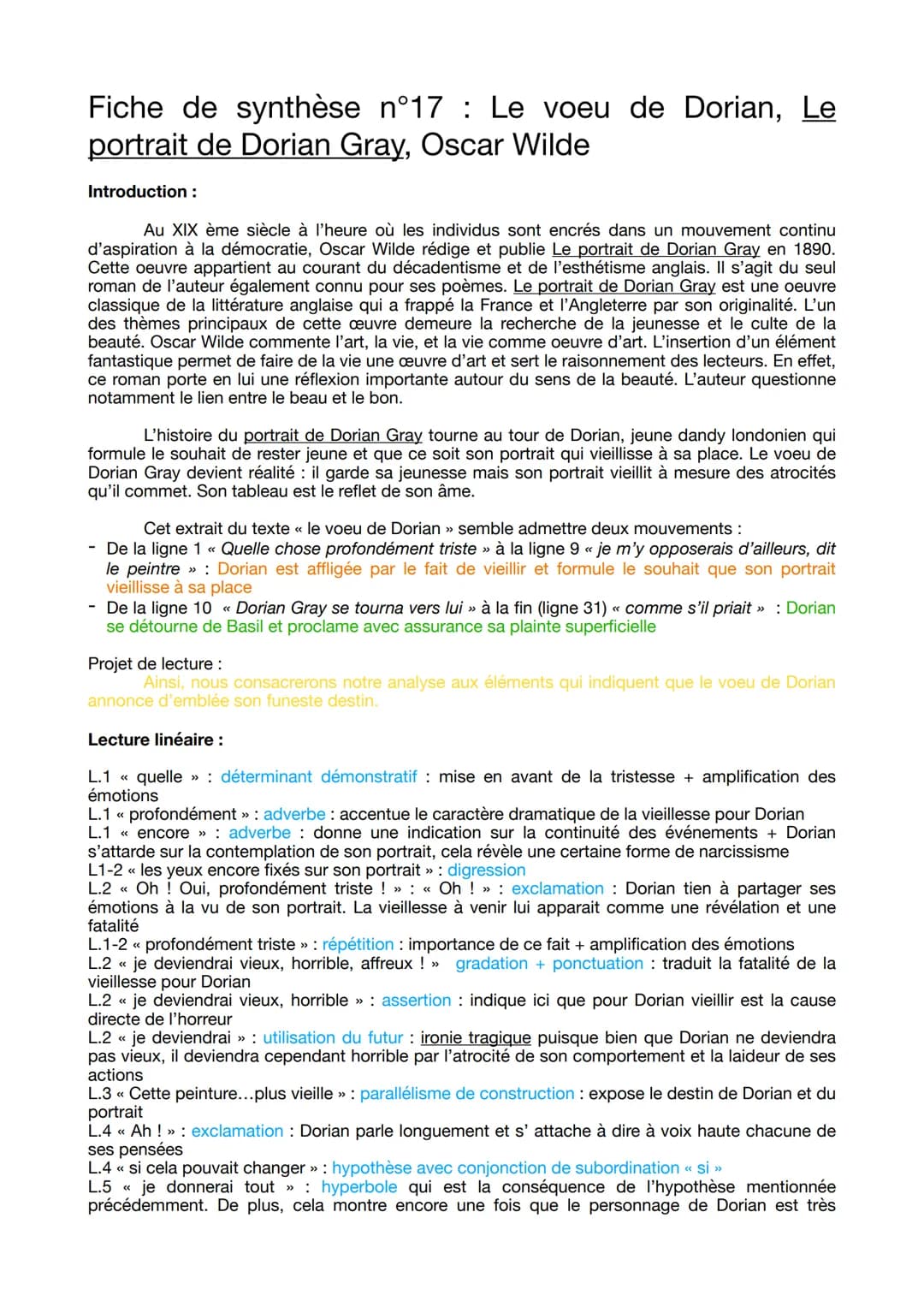 Fiche de synthèse n°17 : Le voeu de Dorian, Le
portrait de Dorian Gray, Oscar Wilde
Introduction :
Au XIX ème siècle à l'heure où les indivi