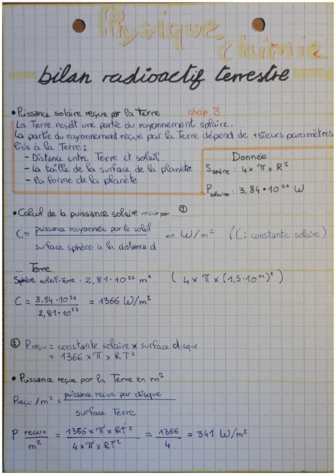 Myrique
bilan radioactif terrestre
•Puissance solaire reque por la terre
chap B
La Terre reçoit une partie du rayonnement solaire..
La parti
