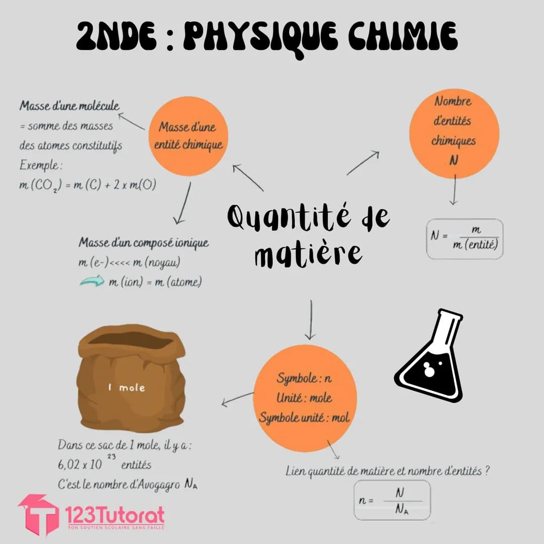 2NDE : PHYSIQUE CHIMIE
Masse d'une molécule
= somme des masses
des atomes constitutifs
Exemple:
m (CO₂) = m (C) + 2xm(0)
Masse d'une
entité 