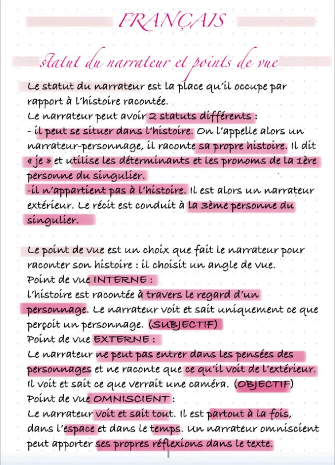 FRANÇAIS
statut du narrateur et points de
t points.
Le statut du narrateur est la place qu'il occupe par
rapport à l'histoire racontée.
Le n