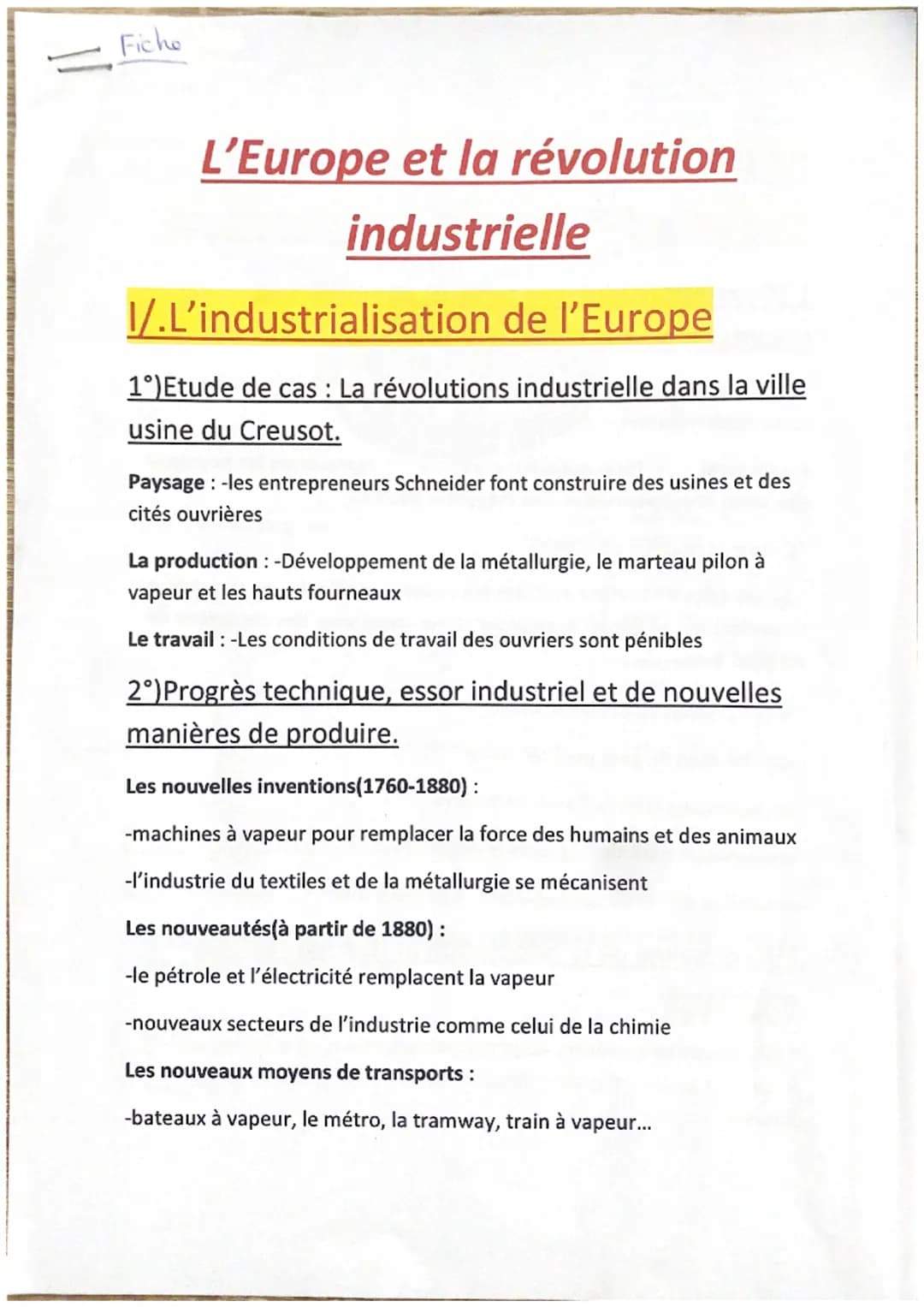 Fiche
L'Europe et la révolution
industrielle
I/.L'industrialisation de l'Europe
1°) Etude de cas: La révolutions industrielle dans la ville
