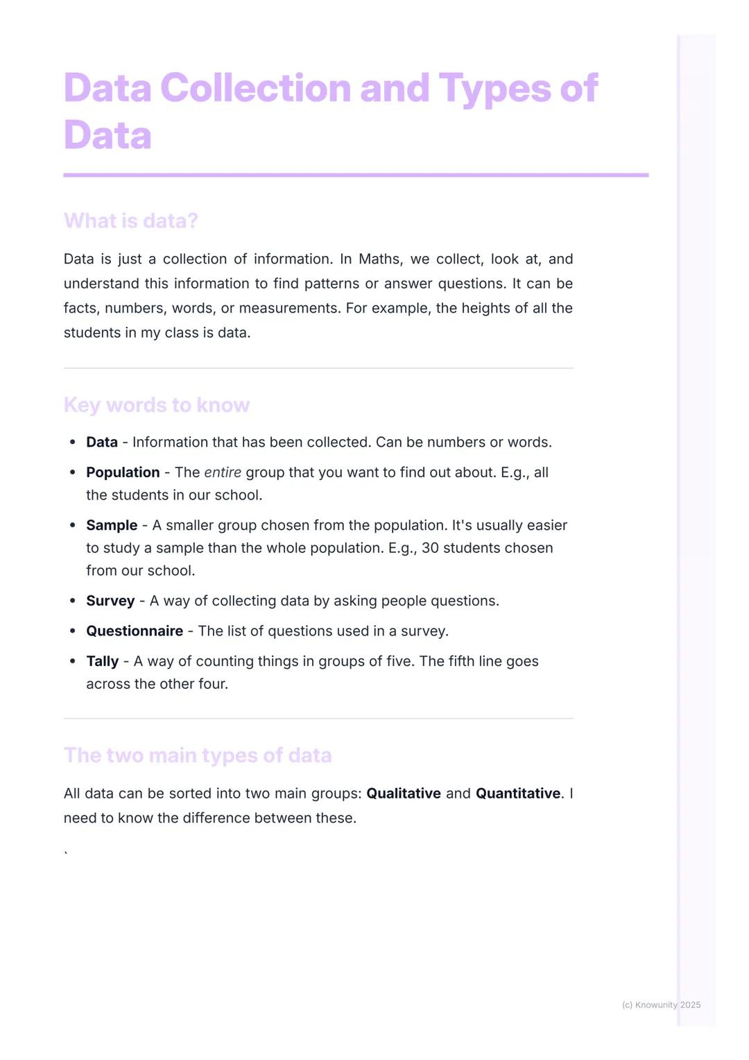 # Data Collection and Types of
Data

What is data?

Data is just a collection of information. In Maths, we collect, look at, and
understand 