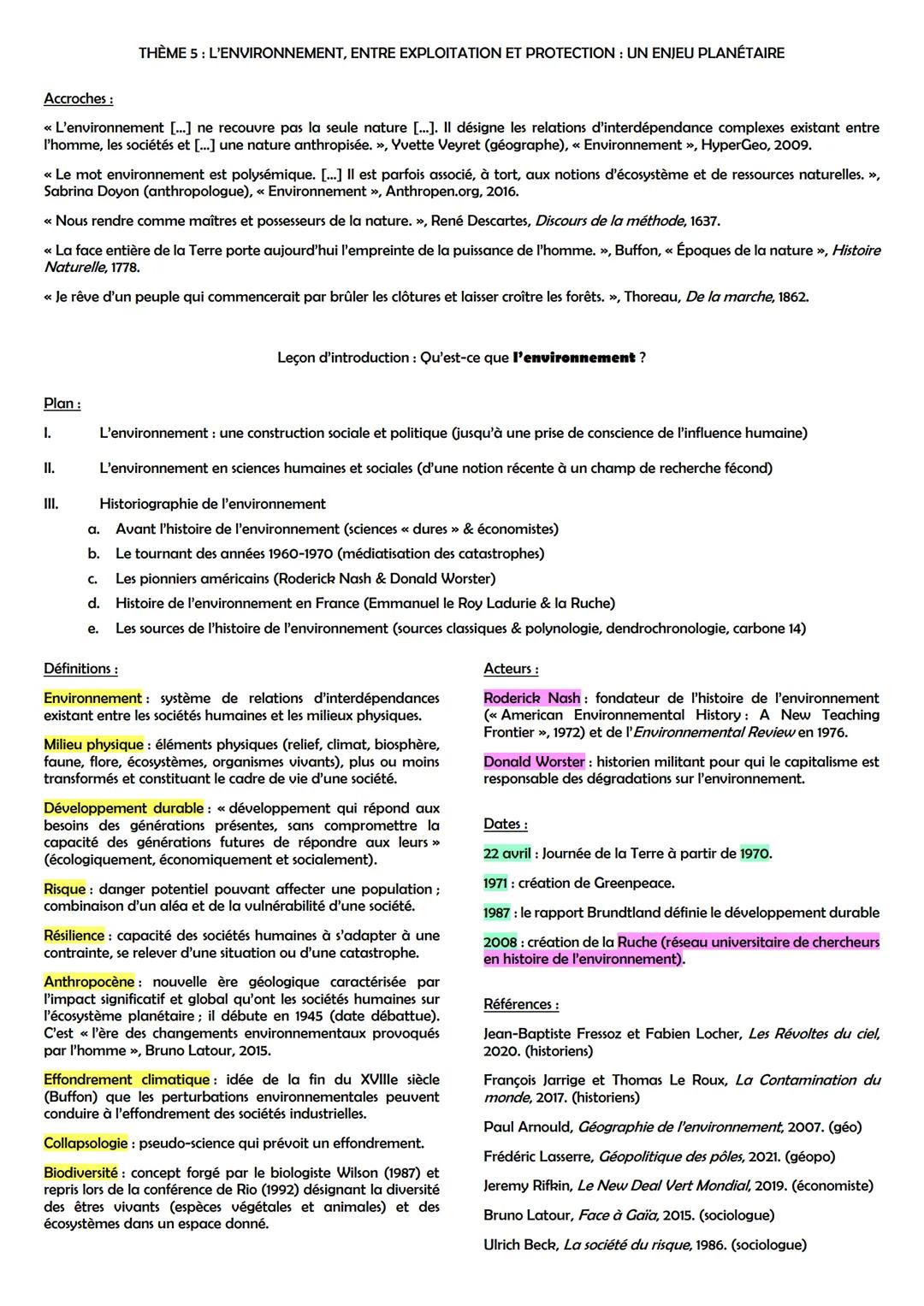 # THÈME 5: L'ENVIRONNEMENT, ENTRE EXPLOITATION ET PROTECTION: UN ENJEU PLANÉTAIRE

Accroches:
* << L'environnement [...] ne recouvre pas la 
