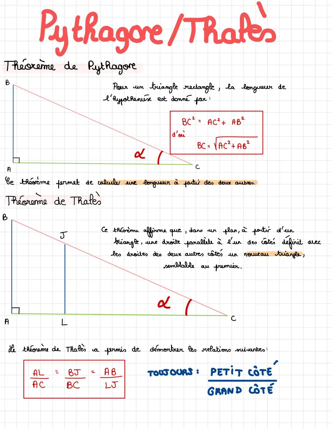 Theoremme de Pythagore
Pour un
l'hypothenuse est donné
B
B
Pythagore/Thafe's
A
U
LI
A
be théorème permet de calculer une longueur à partir d