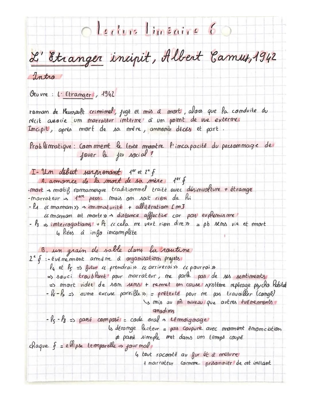 Lecture timéaire 6
L' Etranger incipit, Albert Camus, 1942
Intro
Oeuvre L Etranger, 1942
roman de Meursault crimmimel, fugé et mis à mort, a
