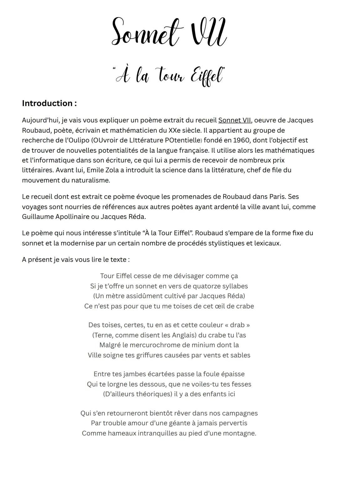 Analyse linéaire de « À la Tour Eiffel »