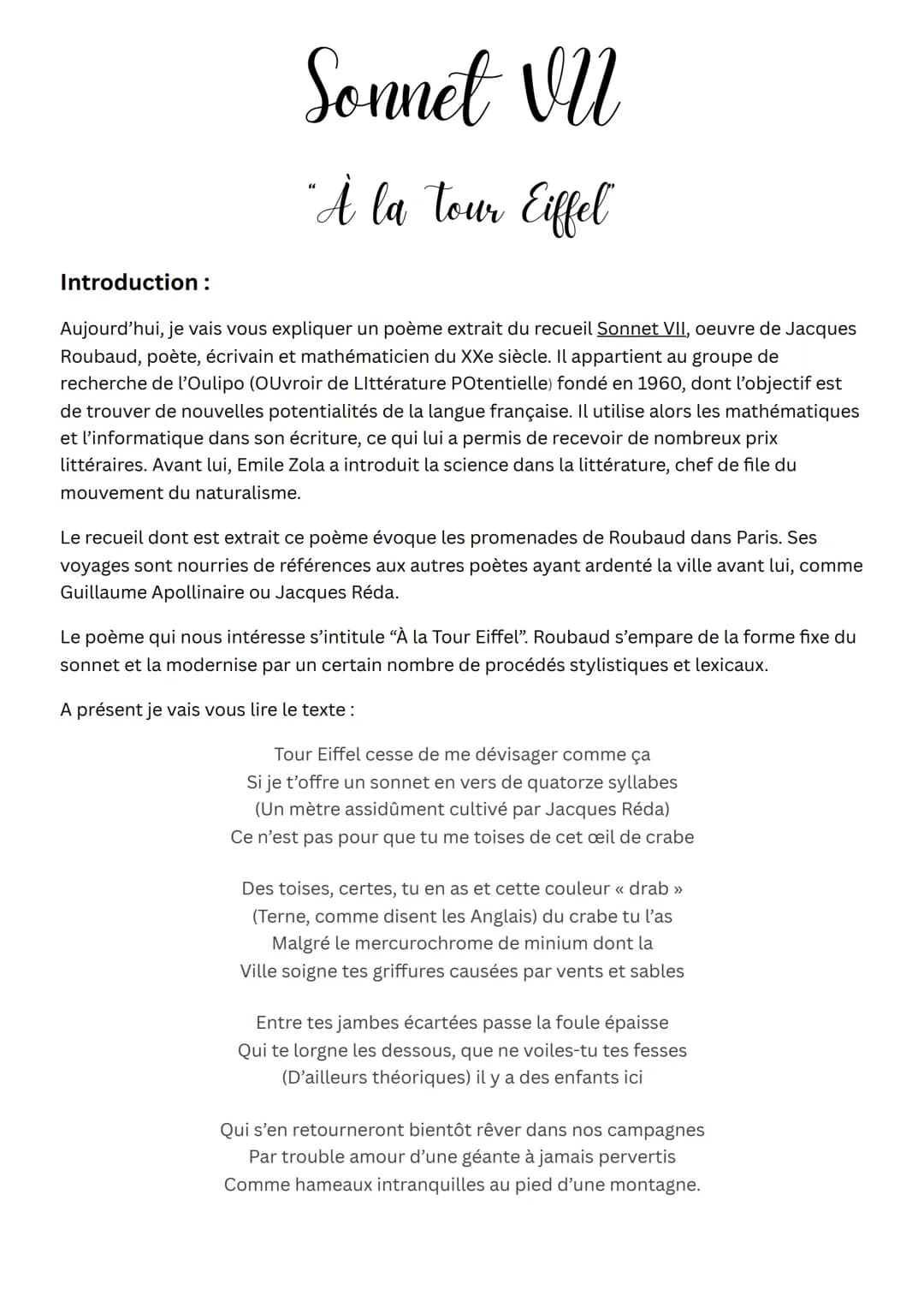 Sonnet VU
vu
•À la tour Eiffel
Introduction :
Aujourd'hui, je vais vous expliquer un poème extrait du recueil Sonnet VII,oeuvre de Jacques
R