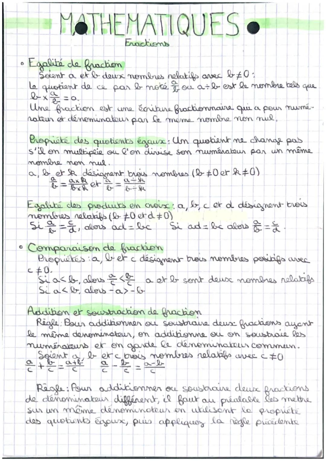 0
MATHEMATIQUES.
Fractions
Egalité de fraction
Soient a et b deux nombres relatifs avec b #0₂
Le quotient de ce par b noté & ou a + b est le