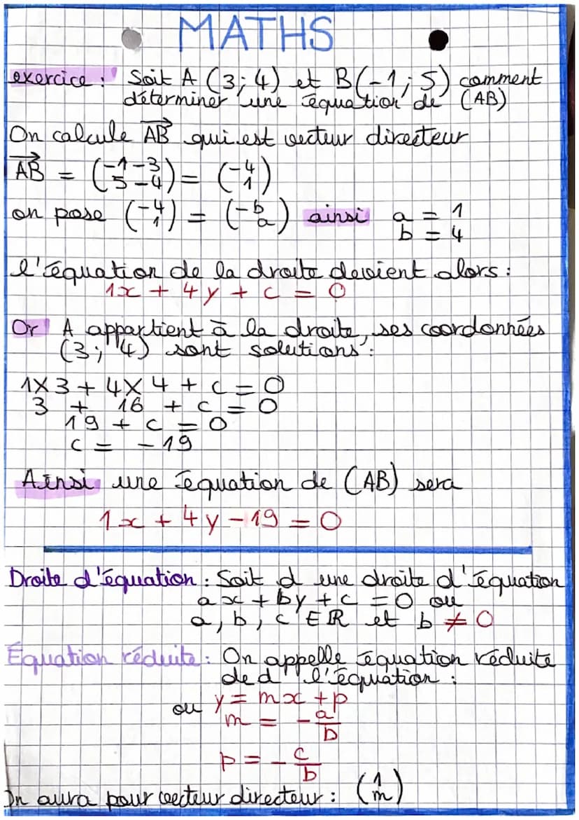 MATHS
Equations cartésiennes
Vecteur directeur : Soit à une droite quelconque du
de d
plan. On appelle besteur directeur
de a tout vecteur A