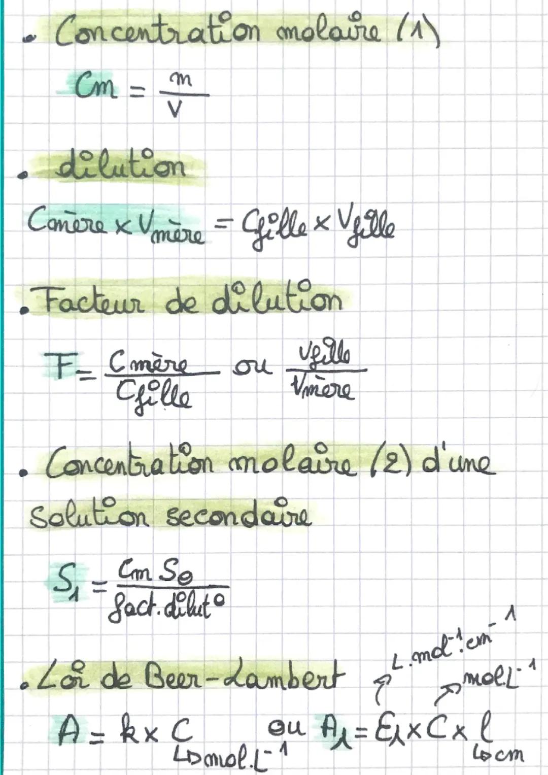 détermination d'une concentration

Les formules

*   Concentration en quantité de matière
$C=\frac{n}{v}$

$C=\frac{m}{Mx V_{solut}}=\frac{C