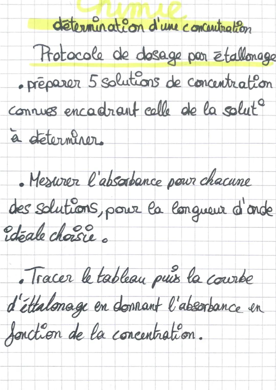 détermination d'une concentration

Les formules

*   Concentration en quantité de matière
$C=\frac{n}{v}$

$C=\frac{m}{Mx V_{solut}}=\frac{C