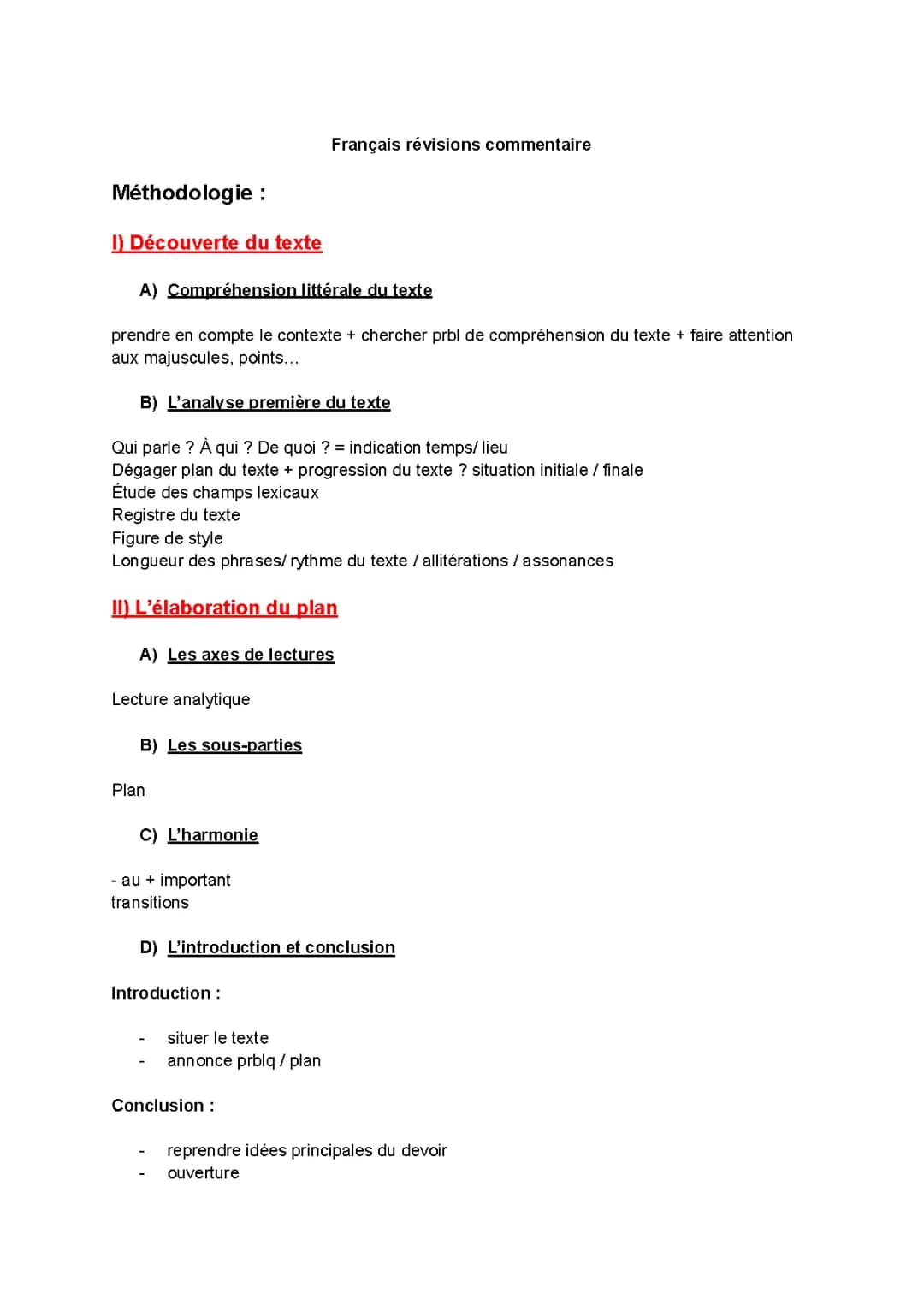 Fiche de révision méthodologie commentaire bac