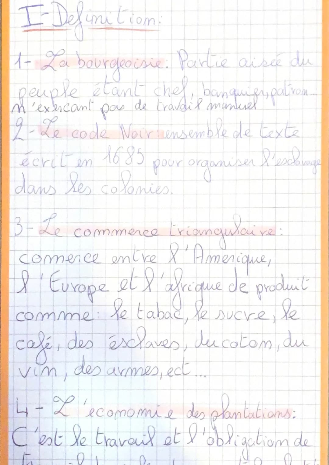 I- Definition:
1- La bourgeoisie. Partie aisă du
peuple étant chef, banquier, patres...
n'exercant
de travail
pas
2-Le code Noir ensemble de