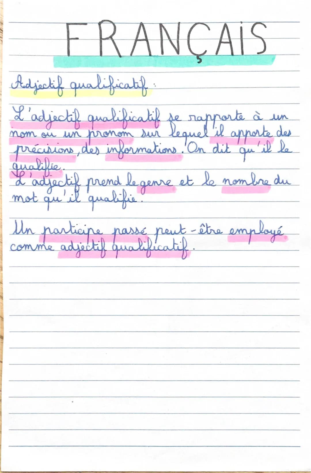 FRANÇAIS
Adjectif qualificatif :
L'adjectif qualificatif se rapporte à un
nom ou un pronom sur
pronom sur lequel il apporte des
précisions, 