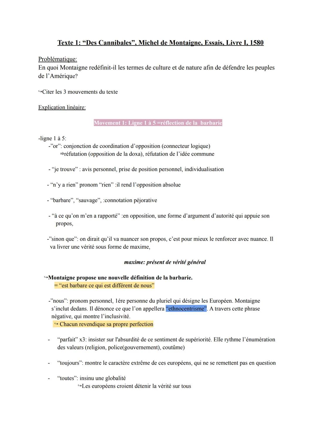 Texte 1: "Des Cannibales”, Michel de Montaigne, Essais, Livre I, 1580
Problématique:
En quoi Montaigne redéfinit-il les termes de culture et