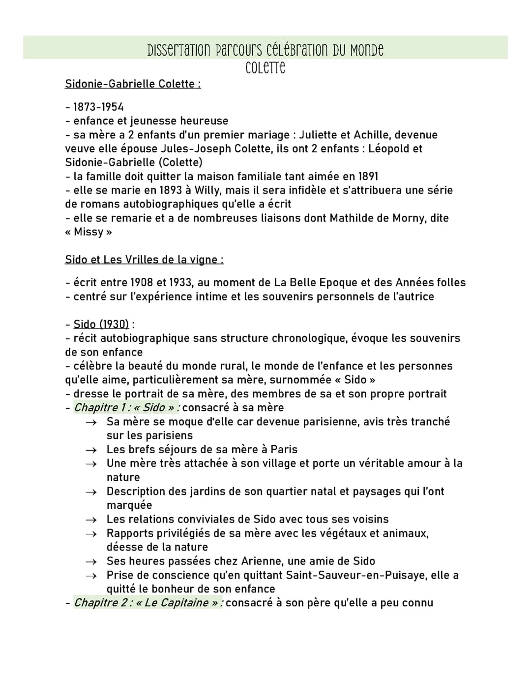 Fiche dissertation Colette parcours Célébration du monde