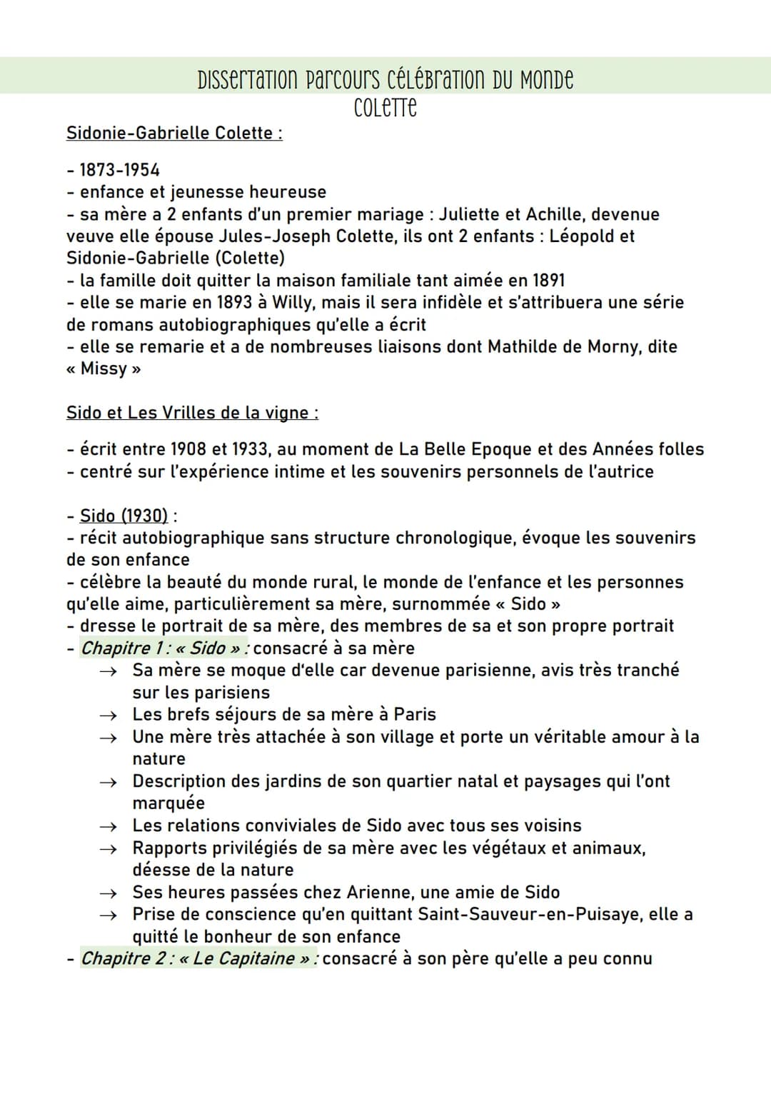 Dissertation parcours célébration DU MonDe
Sidonie-Gabrielle Colette :
- 1873-1954
-
enfance et jeunesse heureuse
- sa mère a
COLETTE
enfant