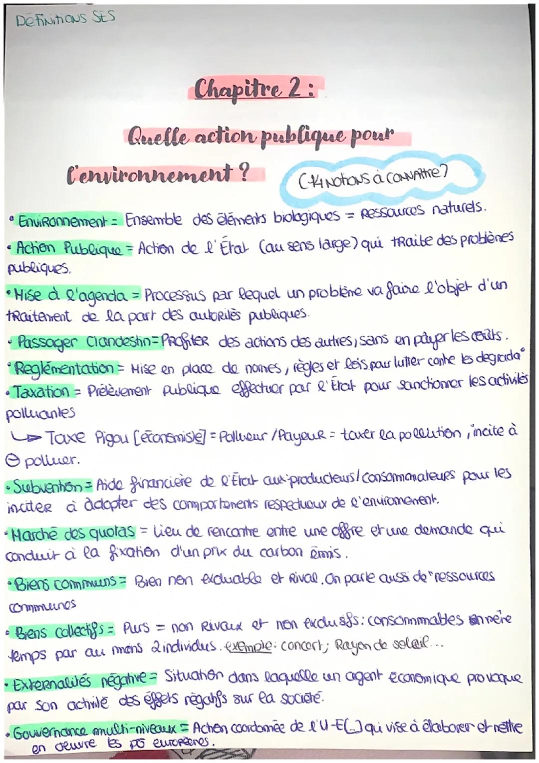 DefinitiONS SES

Chapitre 2:
Quelle action publique pour
l'environnement?
(14 NOTIONS & CONNAttre?
• Environnement = Ensemble des éléments b