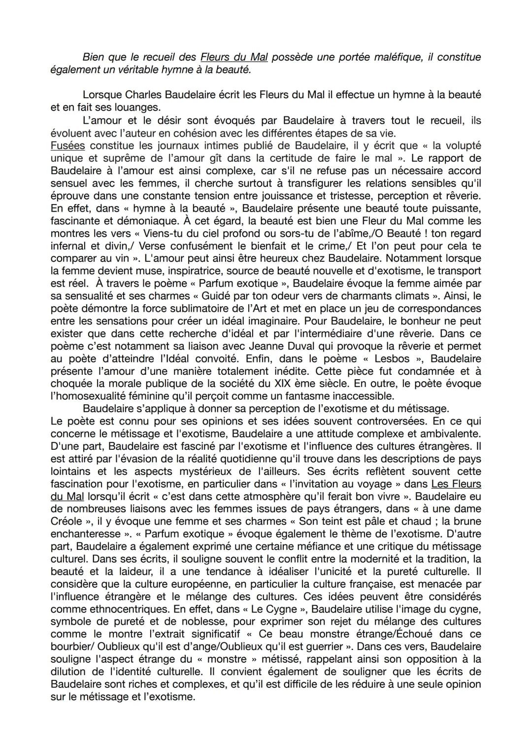 DISSERTATION LES FLEURS DU MAL DE CHARLES BAUDELAIRE
Problématique : Dans ses correspondances, Charles Baudelaire écrit : «< tu m'as
donné t