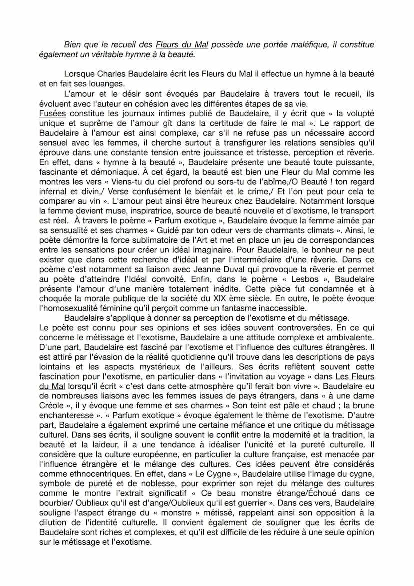 DISSERTATION LES FLEURS DU MAL DE CHARLES BAUDELAIRE
Problématique : Dans ses correspondances, Charles Baudelaire écrit : «< tu m'as
donné t