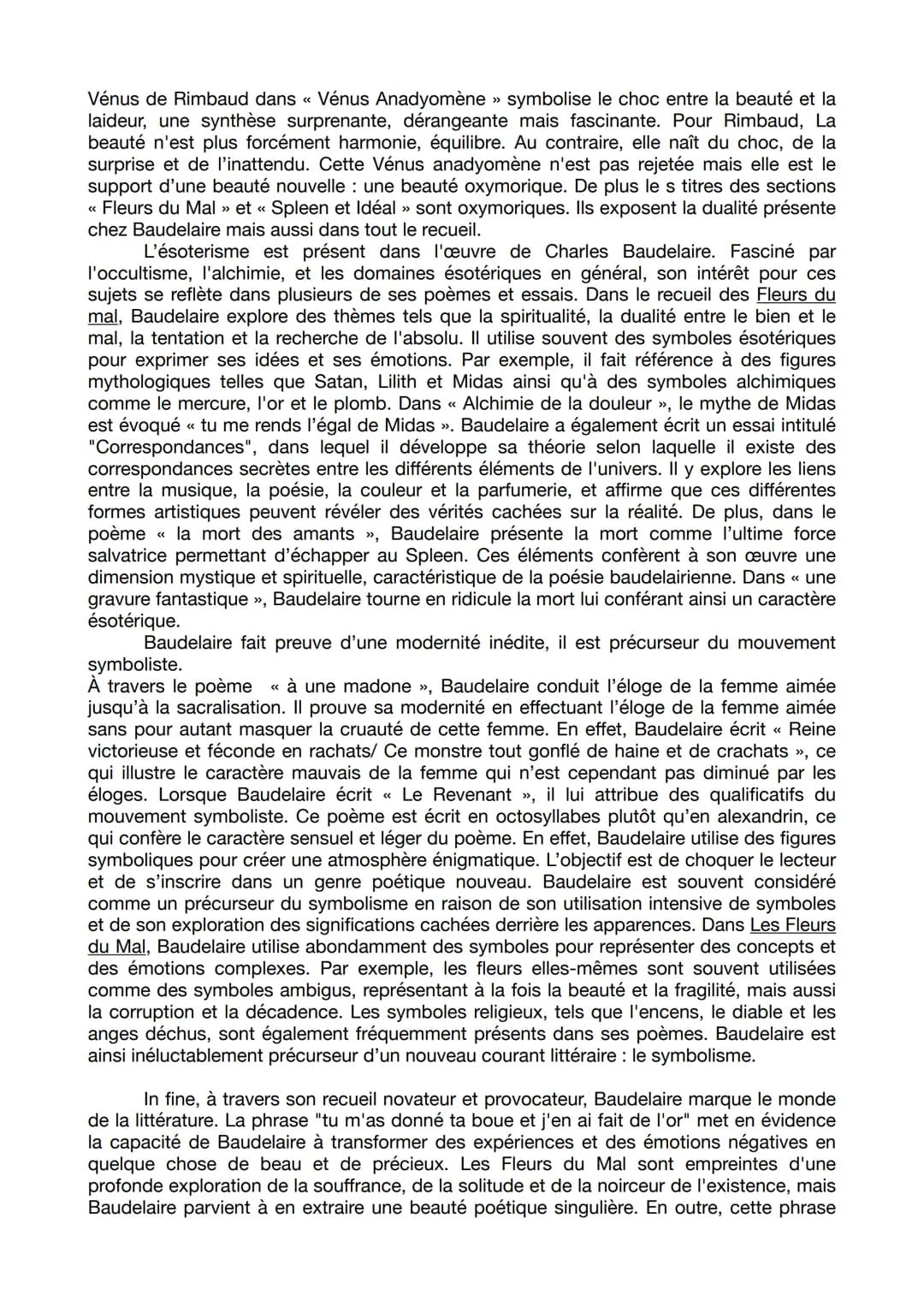 DISSERTATION LES FLEURS DU MAL DE CHARLES BAUDELAIRE
Problématique : Dans ses correspondances, Charles Baudelaire écrit : «< tu m'as
donné t
