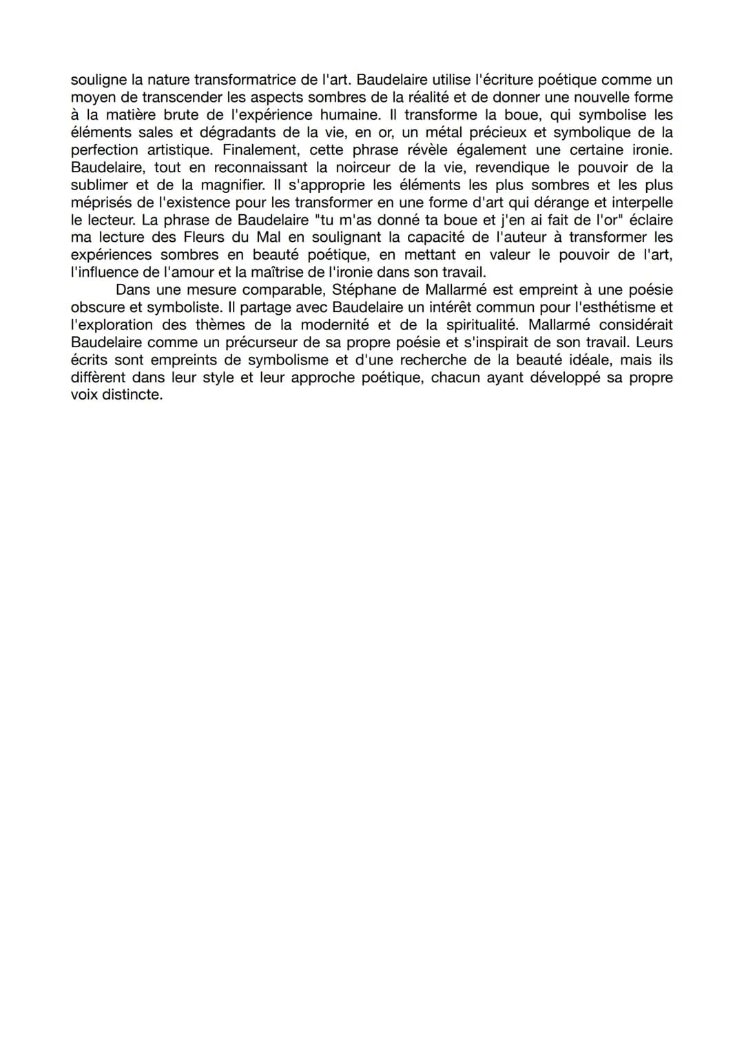 DISSERTATION LES FLEURS DU MAL DE CHARLES BAUDELAIRE
Problématique : Dans ses correspondances, Charles Baudelaire écrit : «< tu m'as
donné t