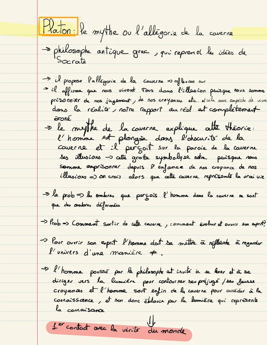 Platon: le
→>>>
mythe
philosophe antique grec, qui reprend les idées de
Socrate
→il
propose l'allégorie de la caverne => reflexion
> il affi