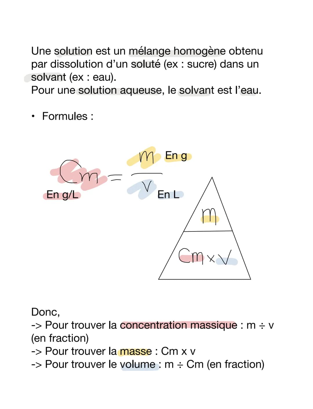 Une solution est un mélange homogène obtenu
par dissolution d'un soluté (ex : sucre) dans un
solvant (ex : eau).
Pour une solution aqueuse, 