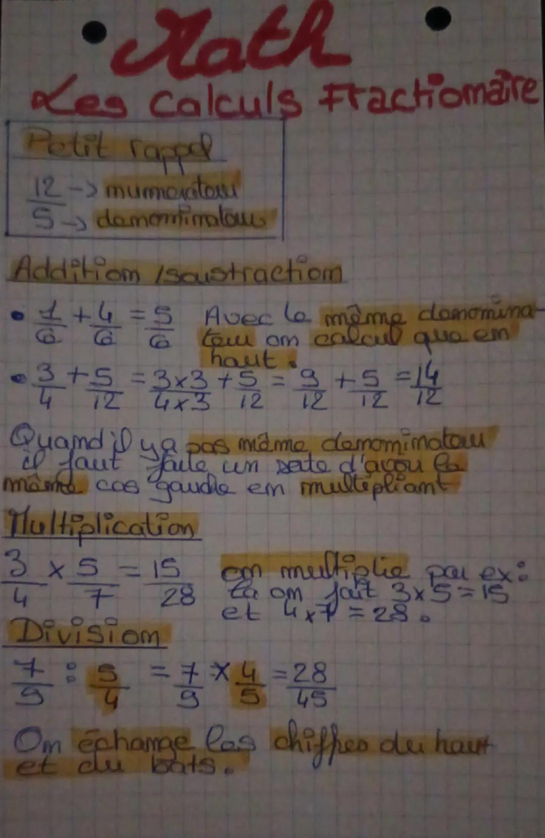 # •Math
Les Calculs Fractiomaire

Petit rappel

12 -> numérateur
5 -> dénominateur

Addition / Soustraction

• $\frac{1}{6} + \frac{4}{6} = 