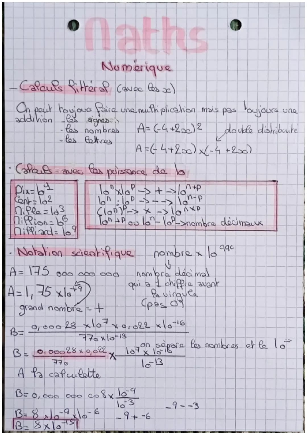 Maths
Numérique
Calculs Pitteral (avec les xc)
On peut toujours faire une muthiplication mais pas toujours
addition les signes
·les nombres
