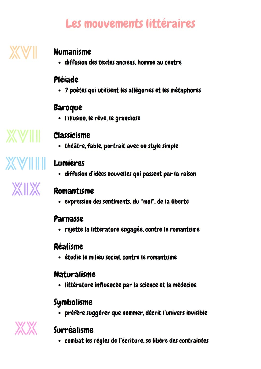 Les mouvements littéraires
XVI
Humanisme
•
diffusion des textes anciens, homme au centre
Pléiade
•
7 poètes qui utilisent les allégories et 