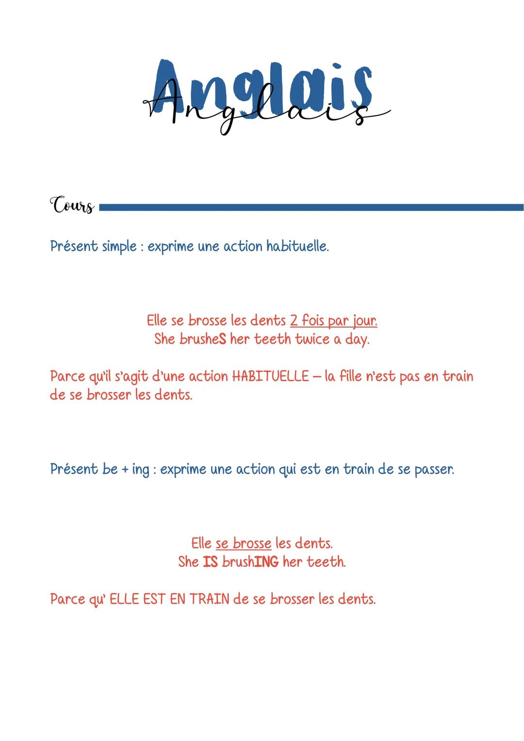 Anglais
Cours
Présent simple: exprime une action habituelle.
Elle se brosse les dents 2 fois par jour.
She brushes her teeth twice a day.
Pa