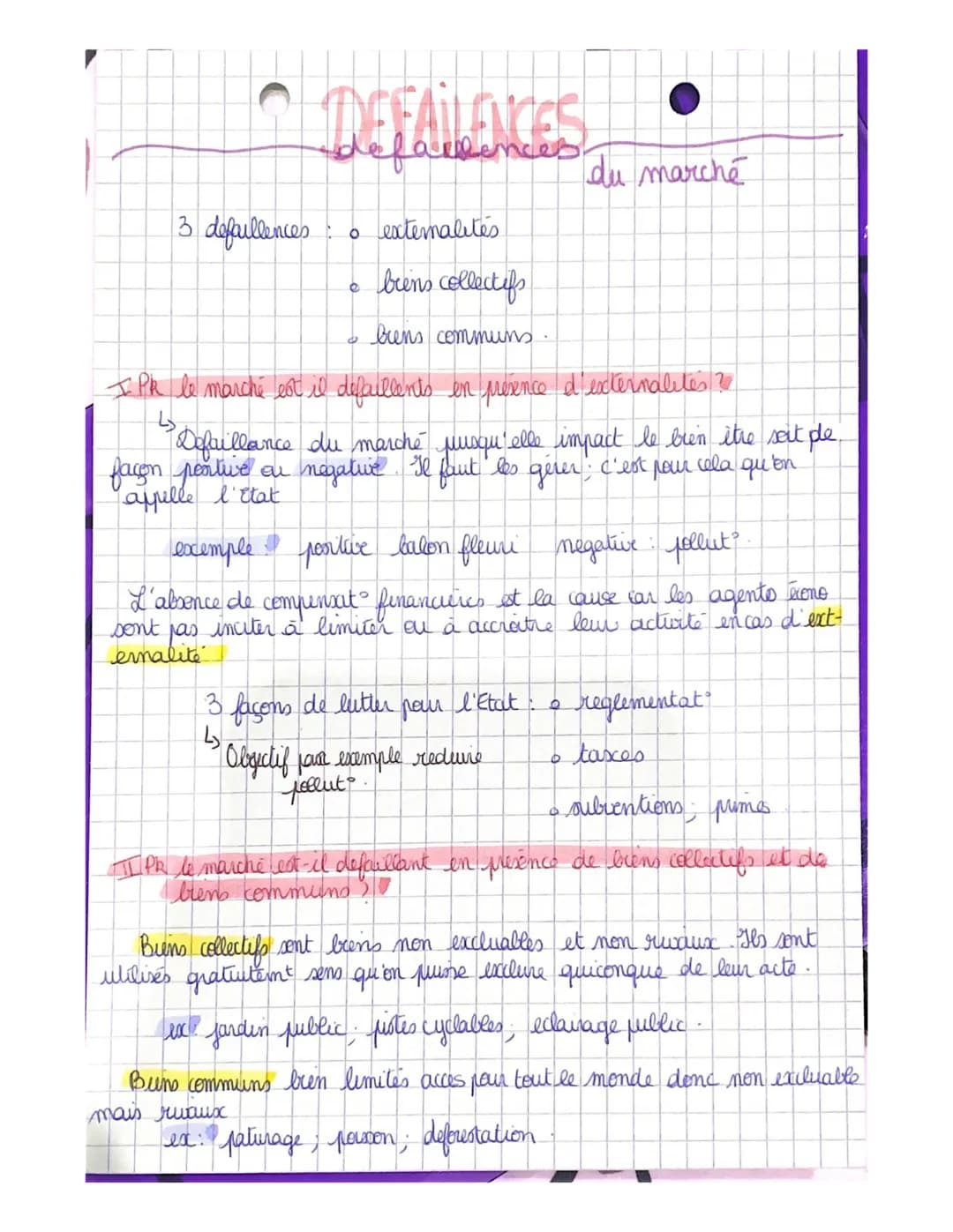 3 defaullences
DEFALLENCES
。 externalités
brens collectifs
buens communs.
I Pk le marché est il défaillents en présence d'externalités ?
↳
0