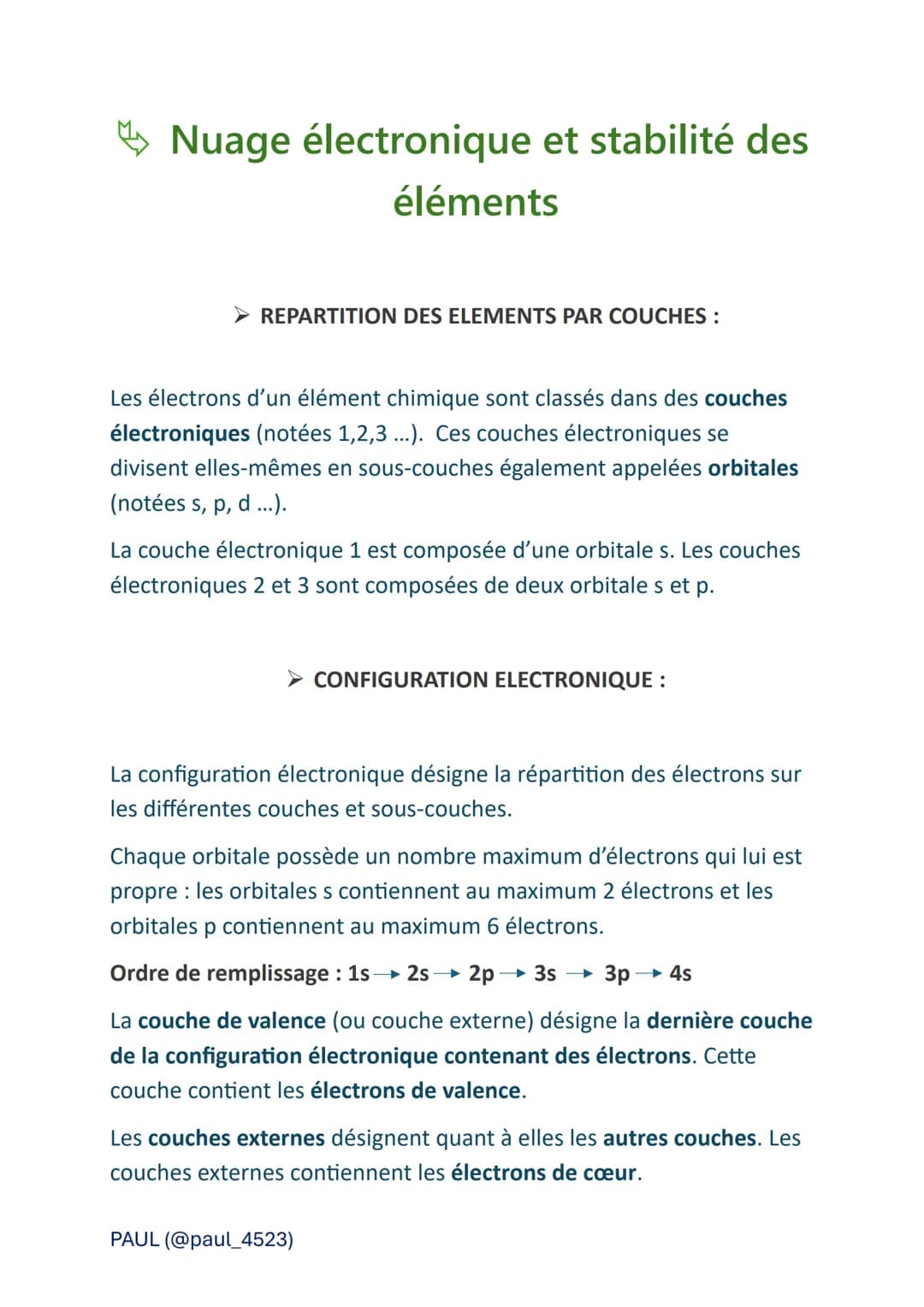 Nuage électronique et stabilité des
éléments
REPARTITION DES ELEMENTS PAR COUCHES :
Les électrons d'un élément chimique sont classés dans de