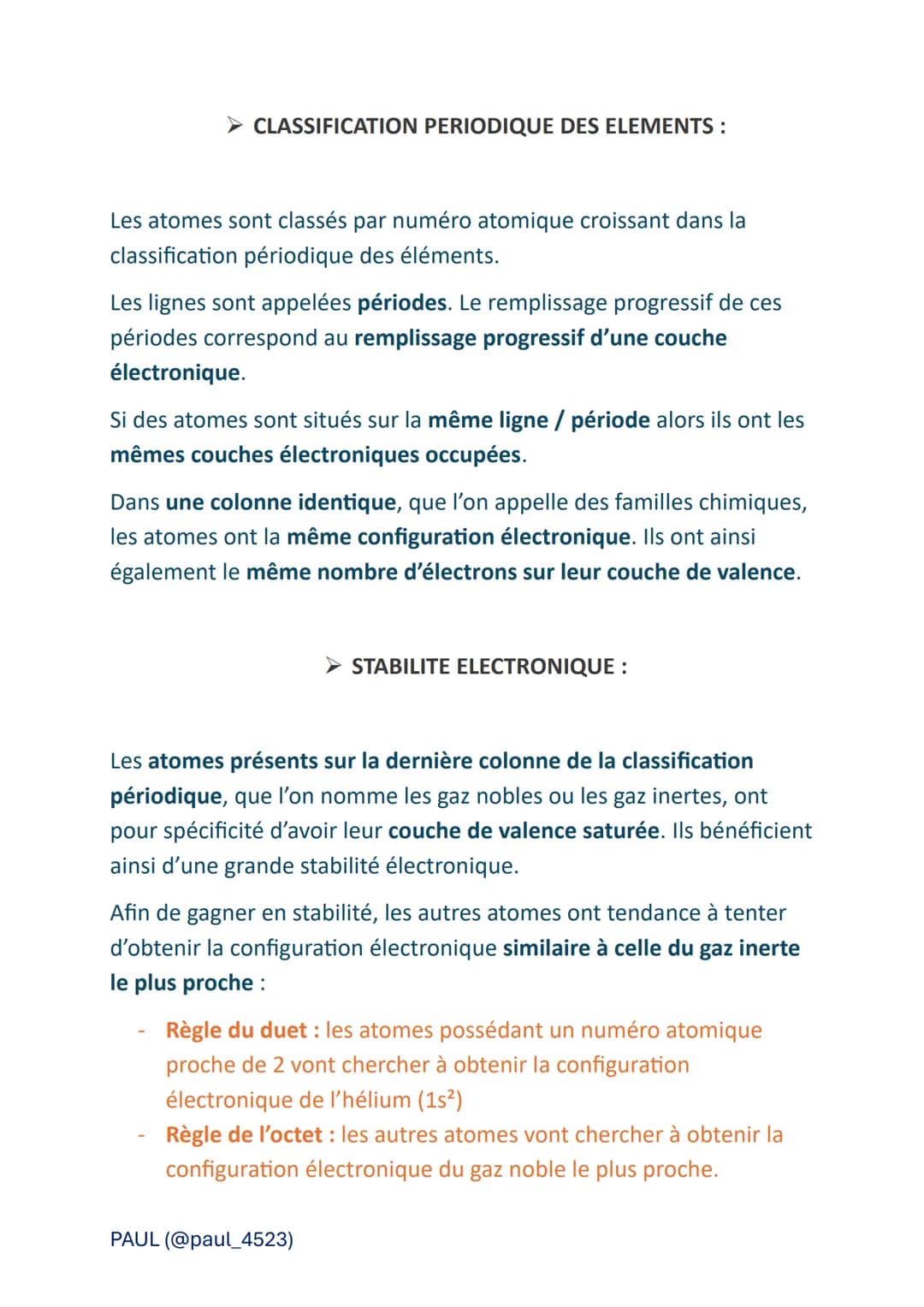 Nuage électronique et stabilité des
éléments
REPARTITION DES ELEMENTS PAR COUCHES :
Les électrons d'un élément chimique sont classés dans de
